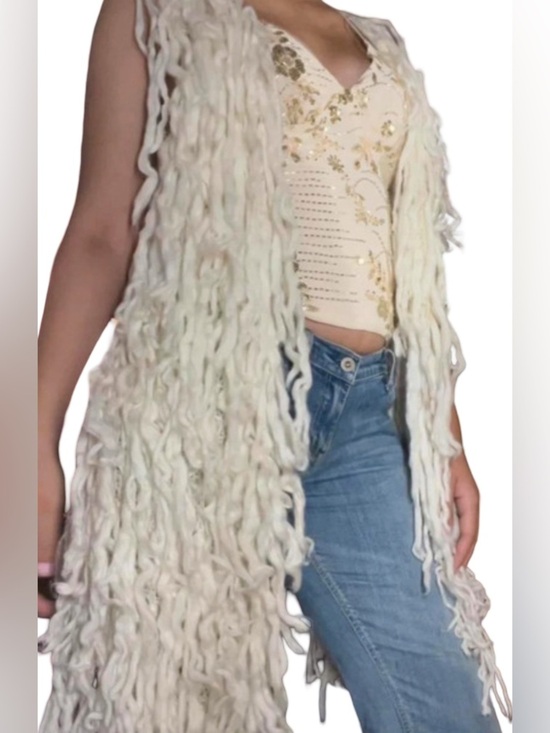 Jackets & Blazers - VGC.Medium 2000 crocheted vintage whimsical Cream Chunky Knit Fringe Vest